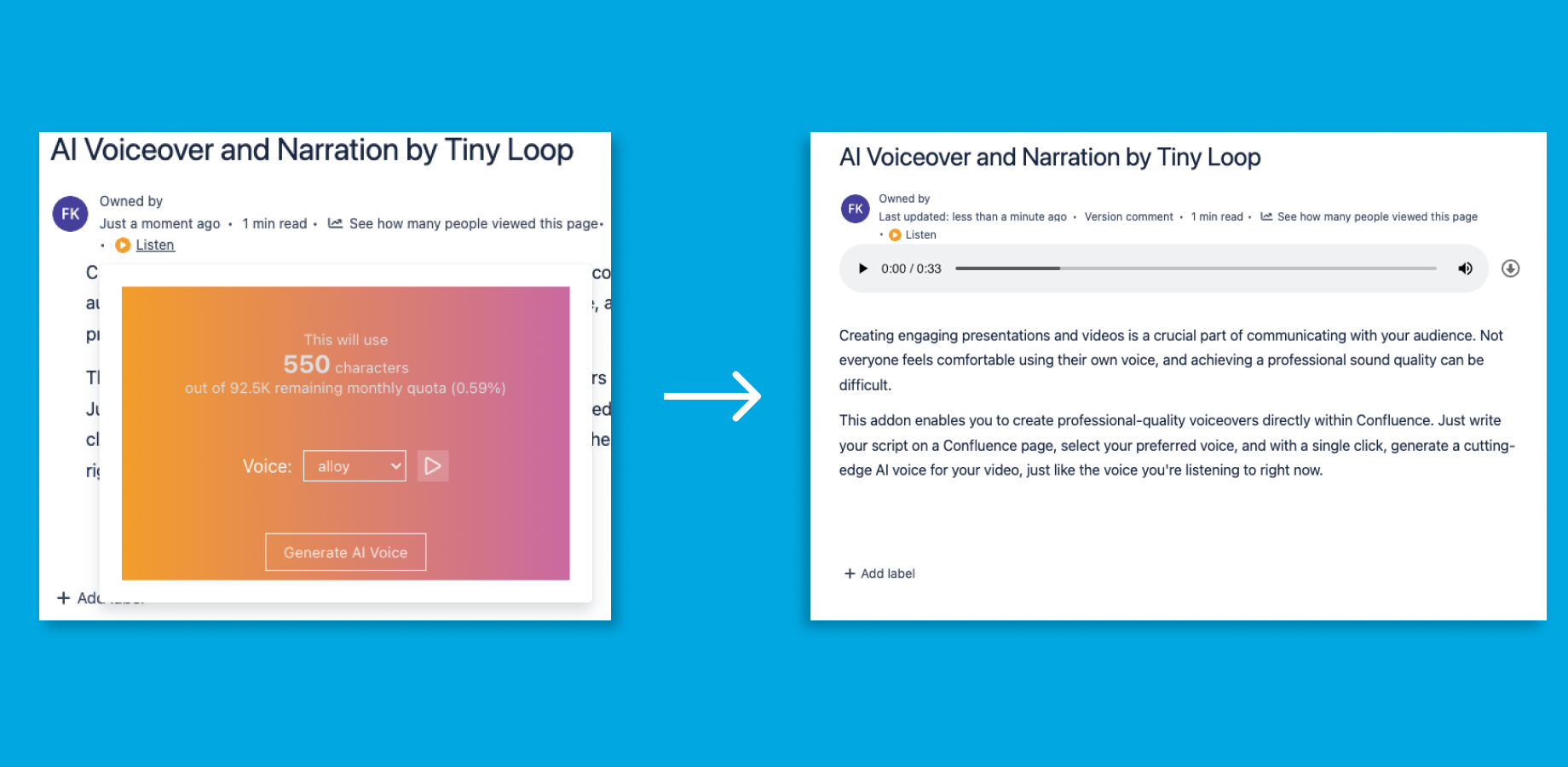Easily generate a voiceover for your entire Confluence page, making content accessible and engaging for all team members.