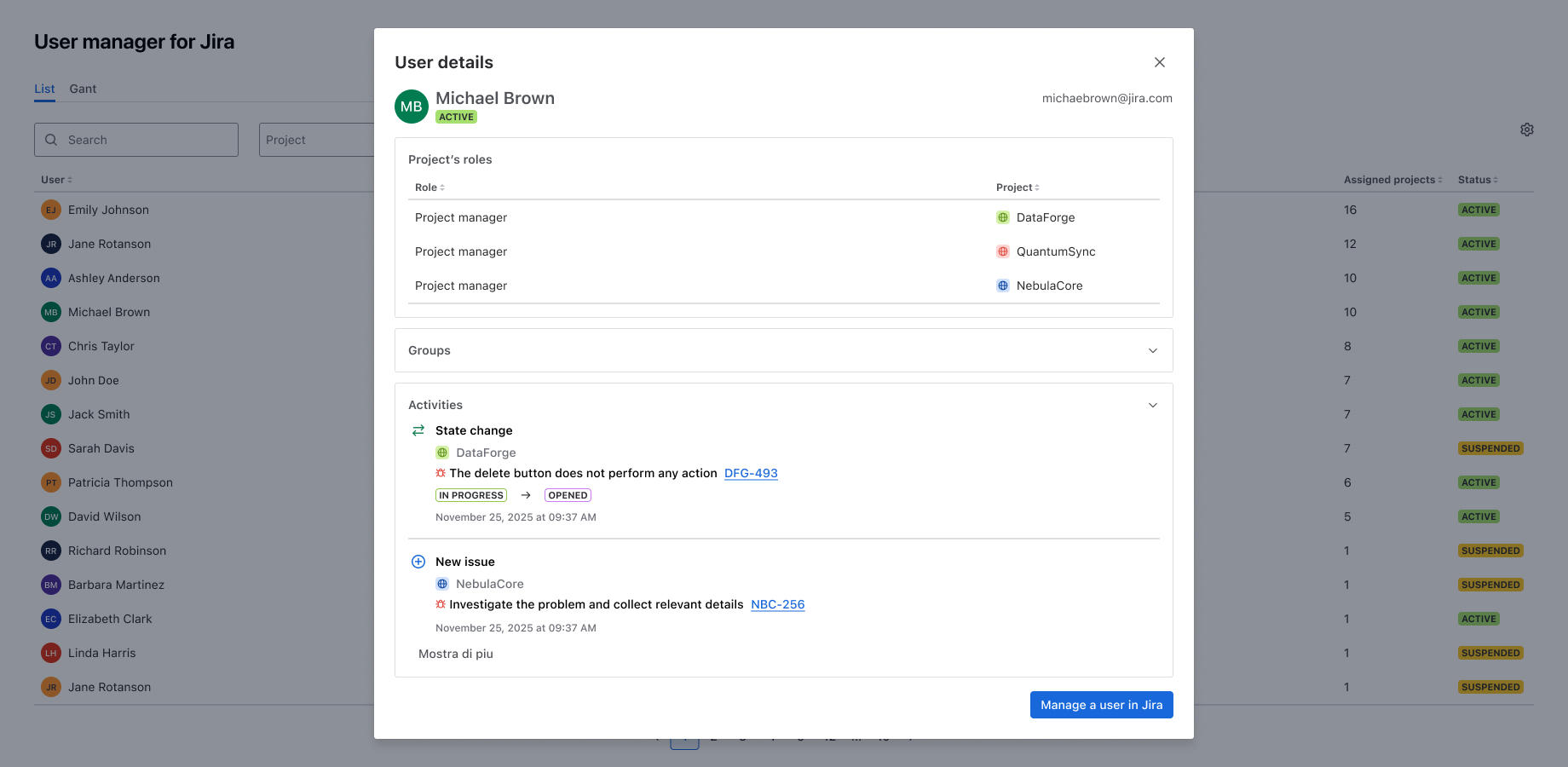 Analyze a user’s roles across projects and monitor recent activity such as issue updates, comments, and status changes for complete visibility.