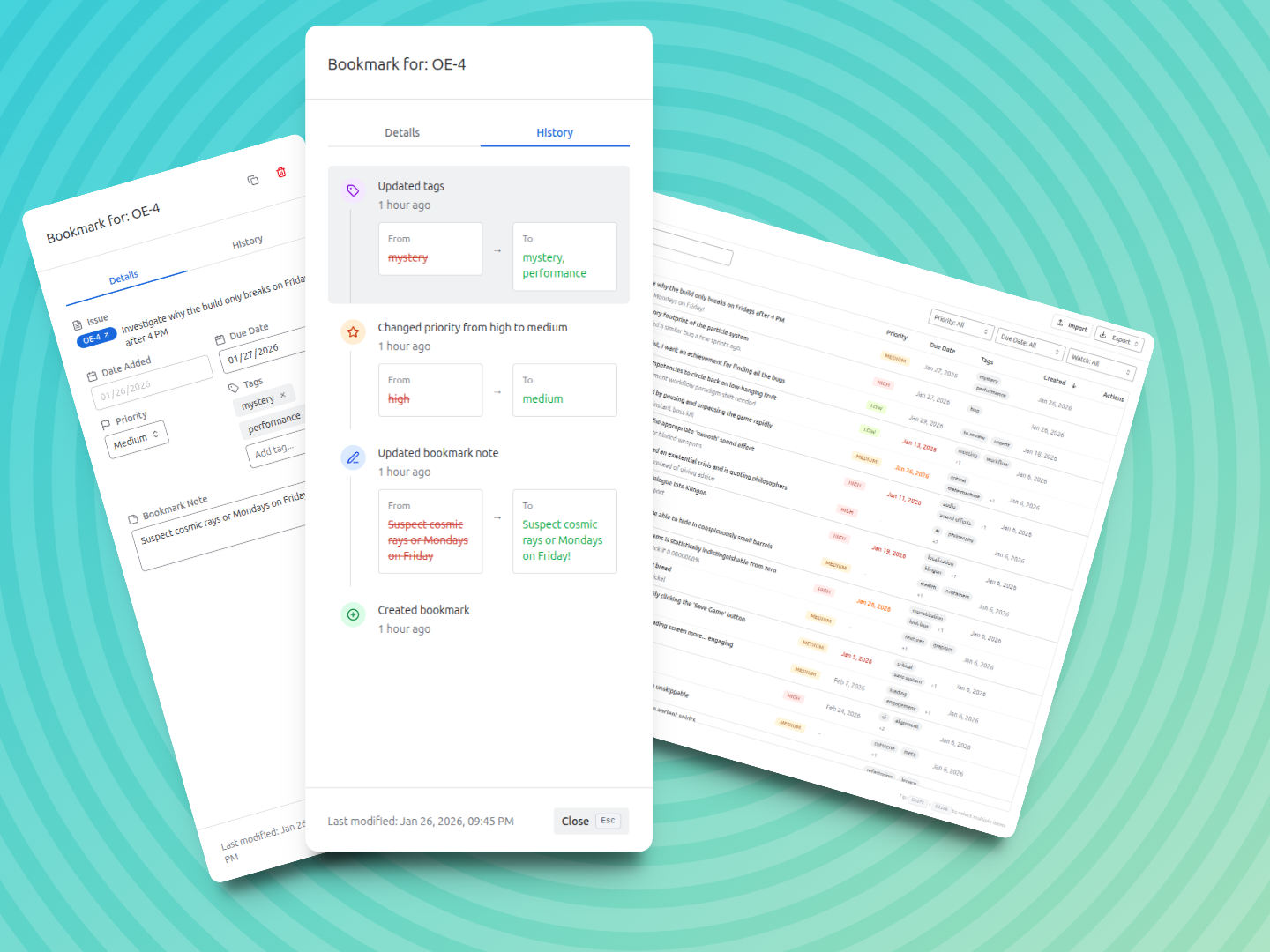 The "My Bookmarks" page aggregates every issue you've flagged across all projects, sortable and searchable.