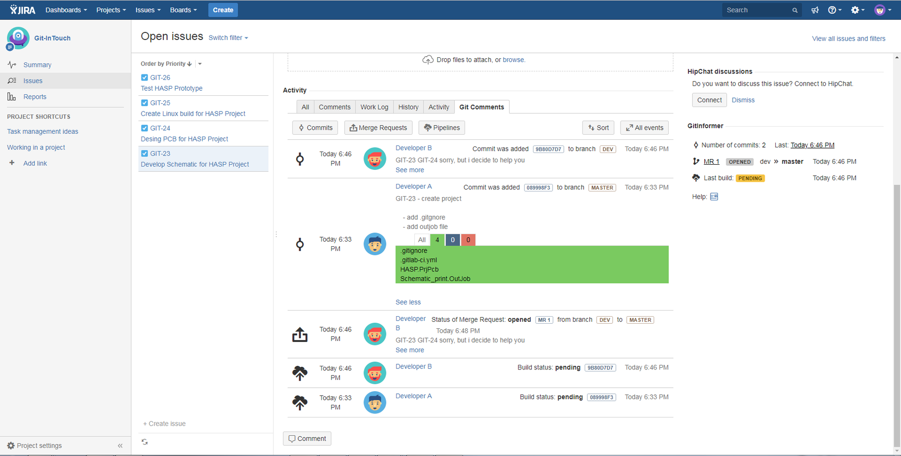 View new, changed and removed files and commit details.