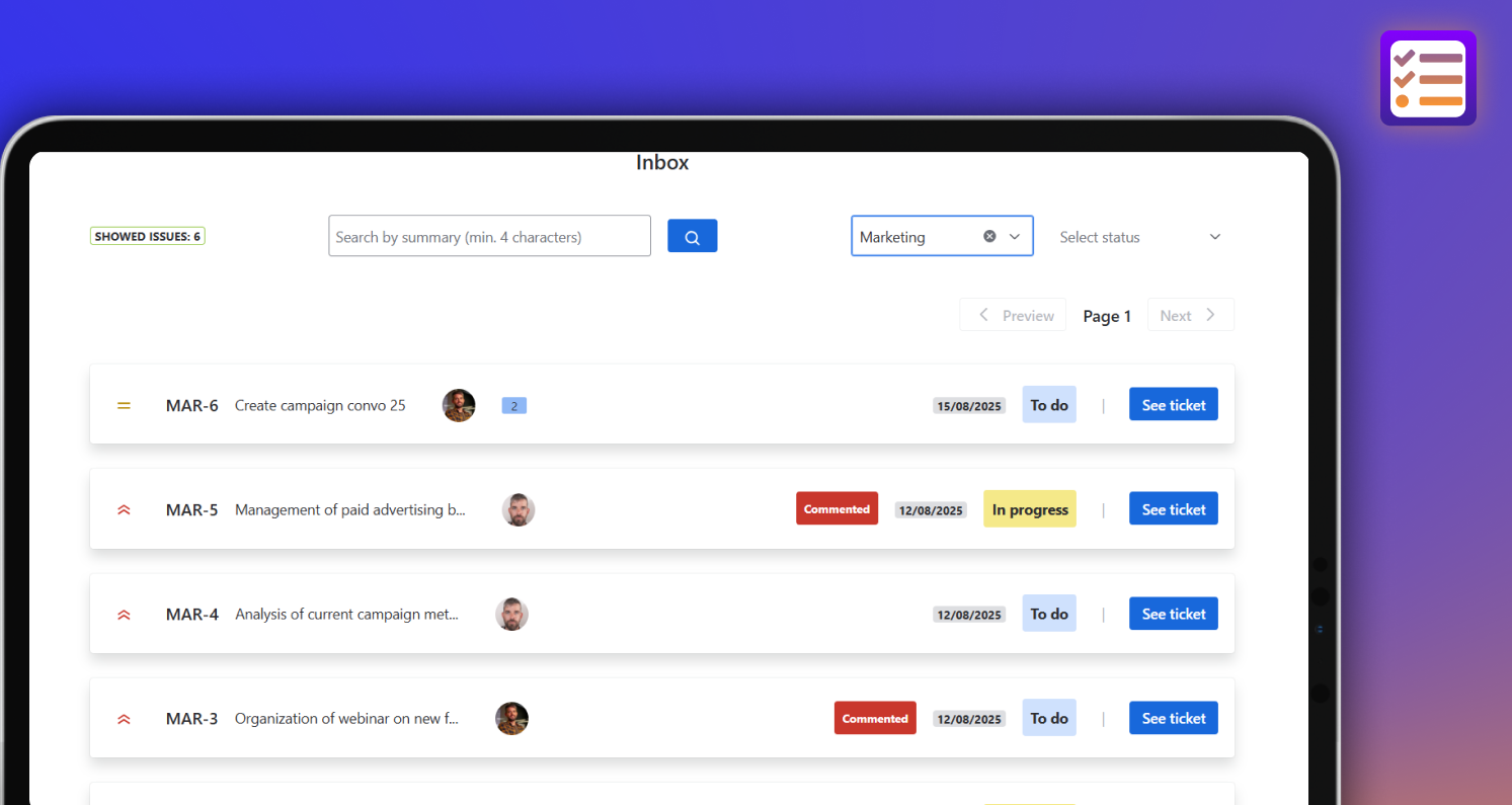 View all active issues assigned to you across different Jira projects in one intuitive inbox. Comment, attach files, and manage everything faster.

