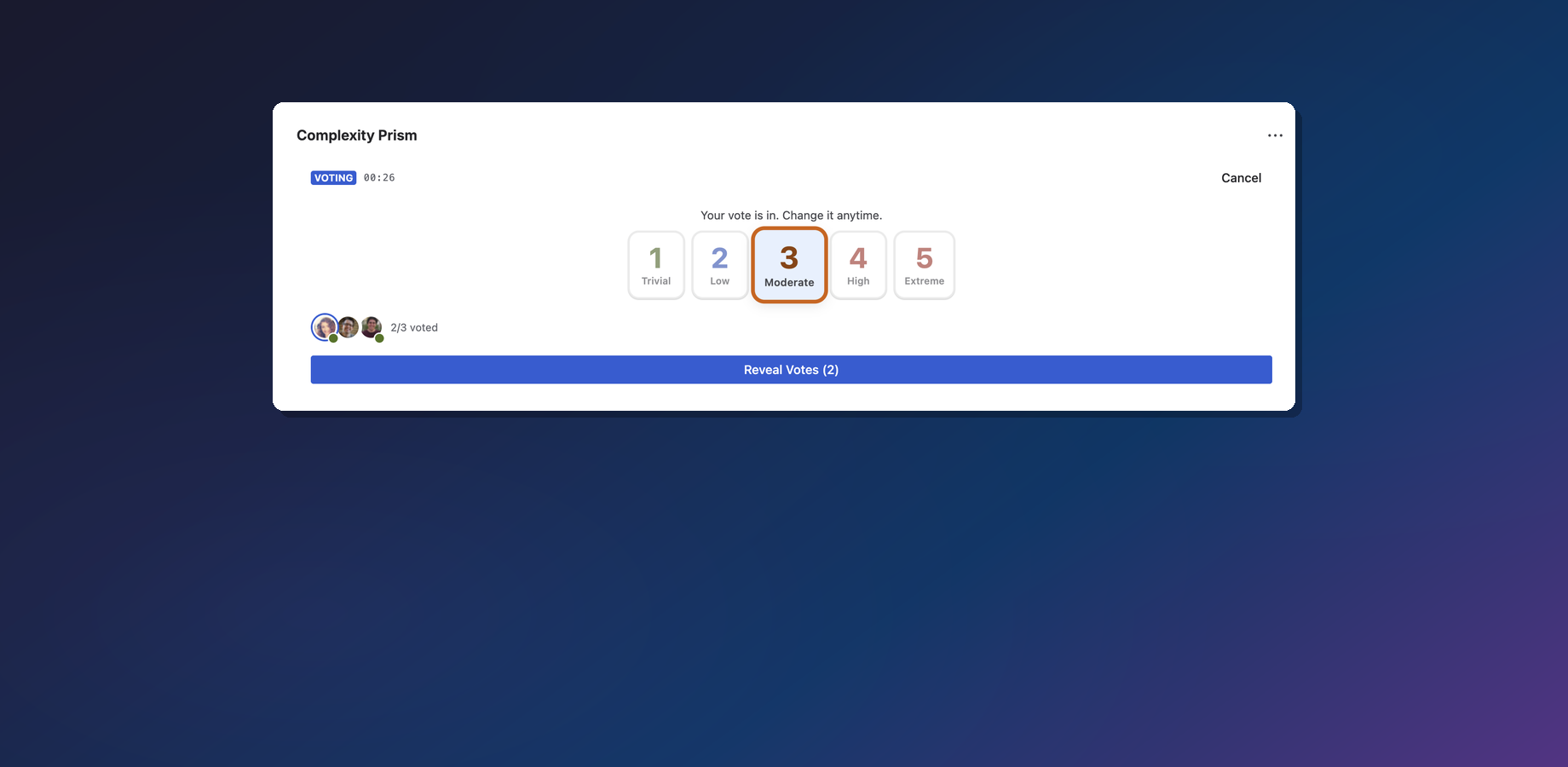 Voting session with dual-track estimation - Story Points and AI Complexity side by side
