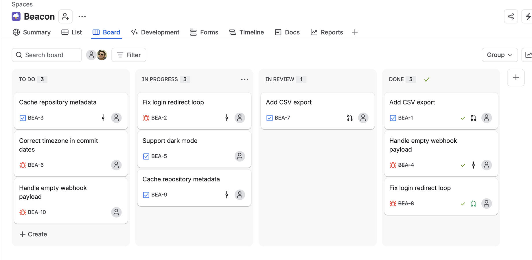 Pull request and branch indicators show up on board cards, so you can tell at a glance which work items have open branches, merged PRs or commits without opening each one.