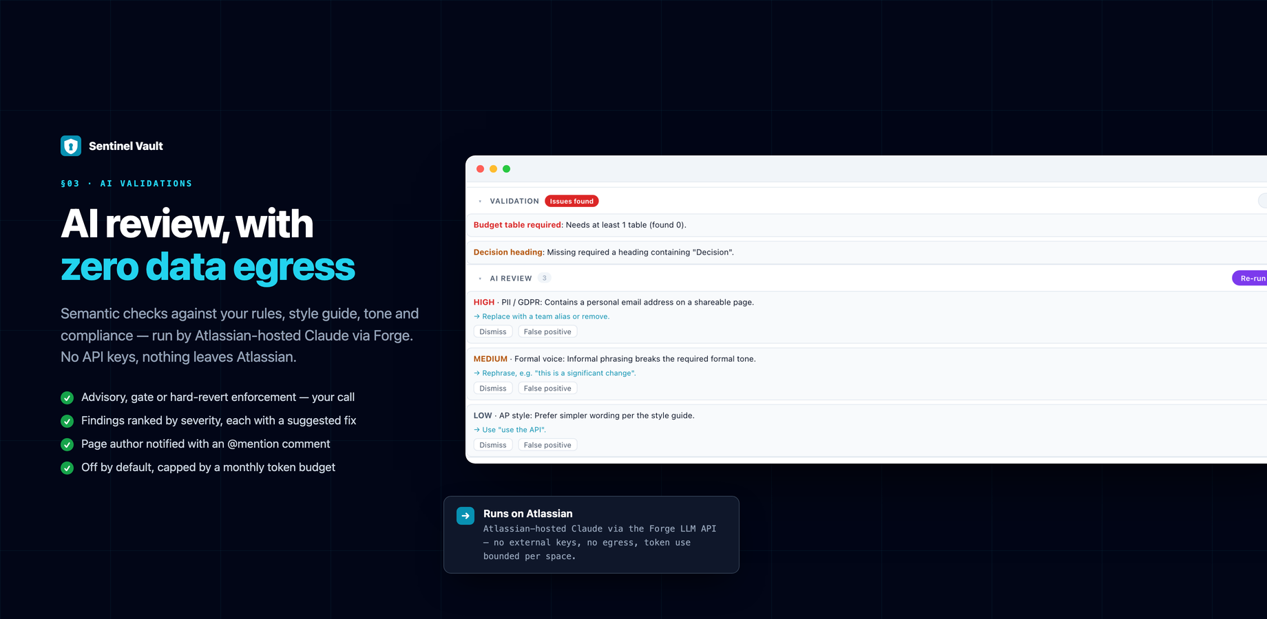 Semantic AI validation settings: custom rules, style guide, tone and compliance standards, author notification with a severity  threshold, and a monthly token budget — all on Atlassian-hosted Claude.