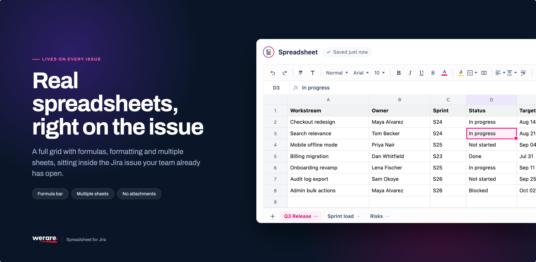 A Q3 release plan open on a Jira issue: workstreams, owners, sprints and target dates, with a formula bar and Sprint load and Risks as separate tabs. Saved just now.