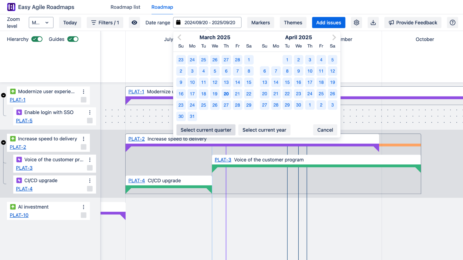 Exportable views for sharing outside Jira, with an adjustable timescale and date range, and the ability to toggle visibility of hierarchy levels and date markers