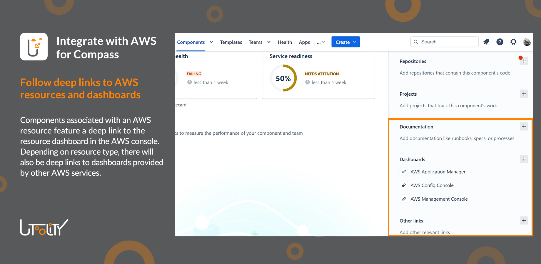 Resource type dependent deep links to to the AWS Management Console and dashboards provided by other AWS services like AWS CloudWatch, AWS Config, and AWS Systems Manager Application Manager
