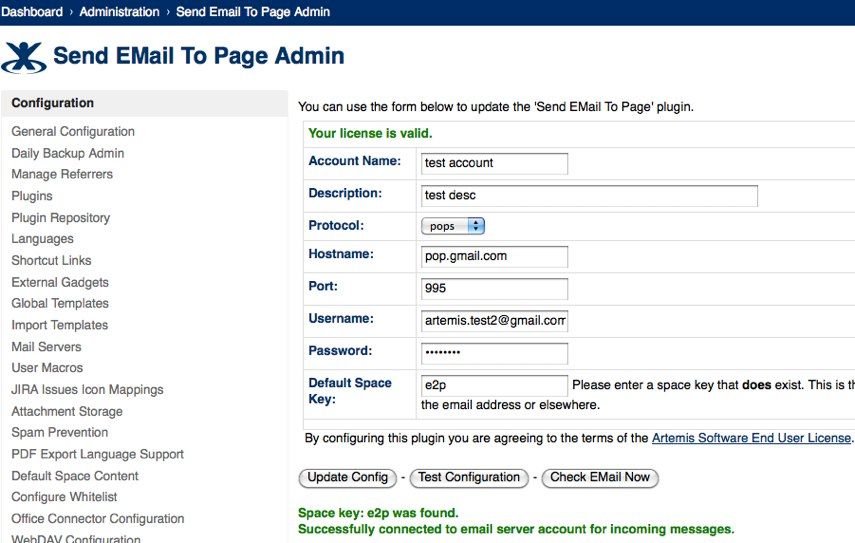 Simple admin screen to point at your Confluence's email account