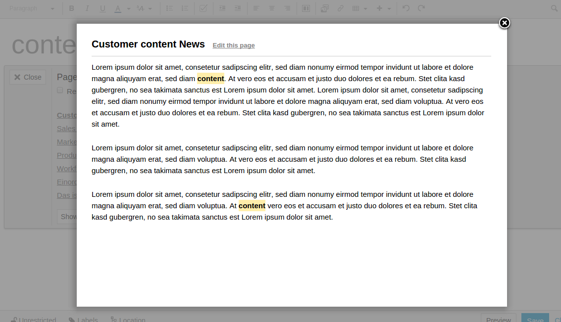 ​Page preview and highlighted terms from the page title enable a quick decision on whether the content of the new page has already been published.
