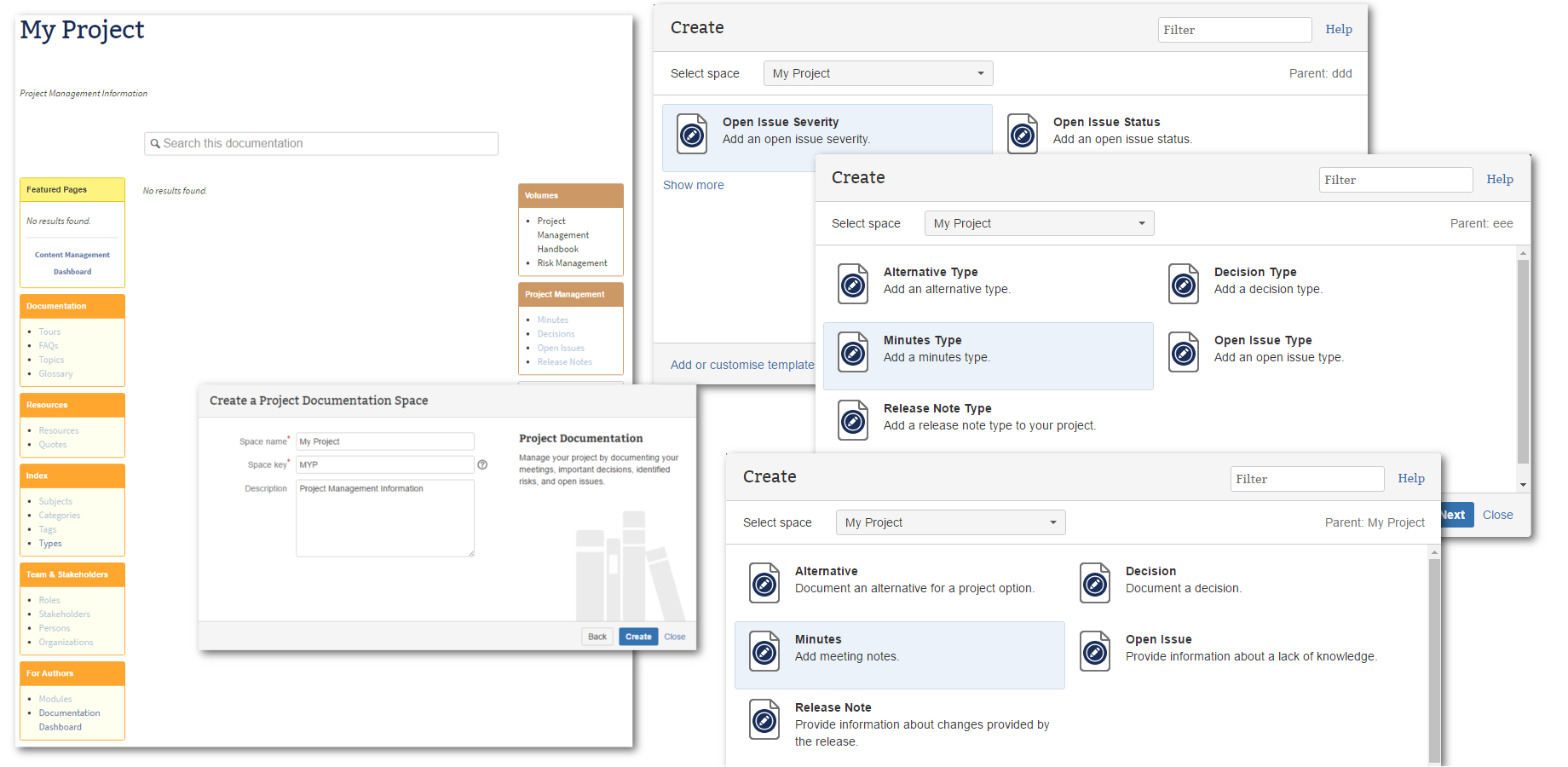 This add-on provides a space blueprint and several page blueprints for project management documentation issues.