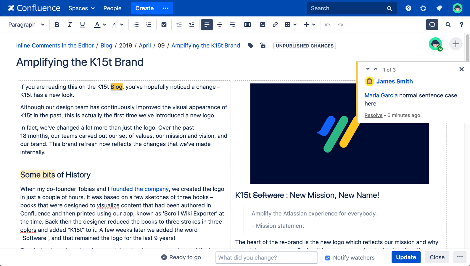 Resolve inline comment threads directly in the Confluence editor without switching between page and edit mode.