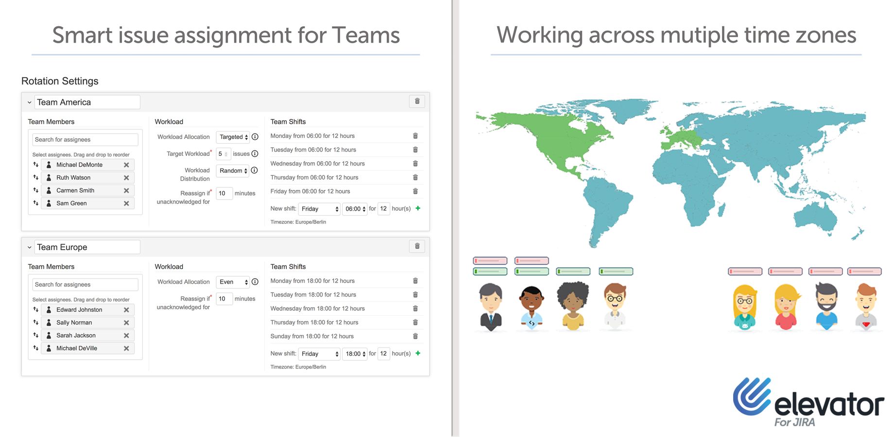 Create team rosters and have Elevator for Jira intelligently assign work across your teams