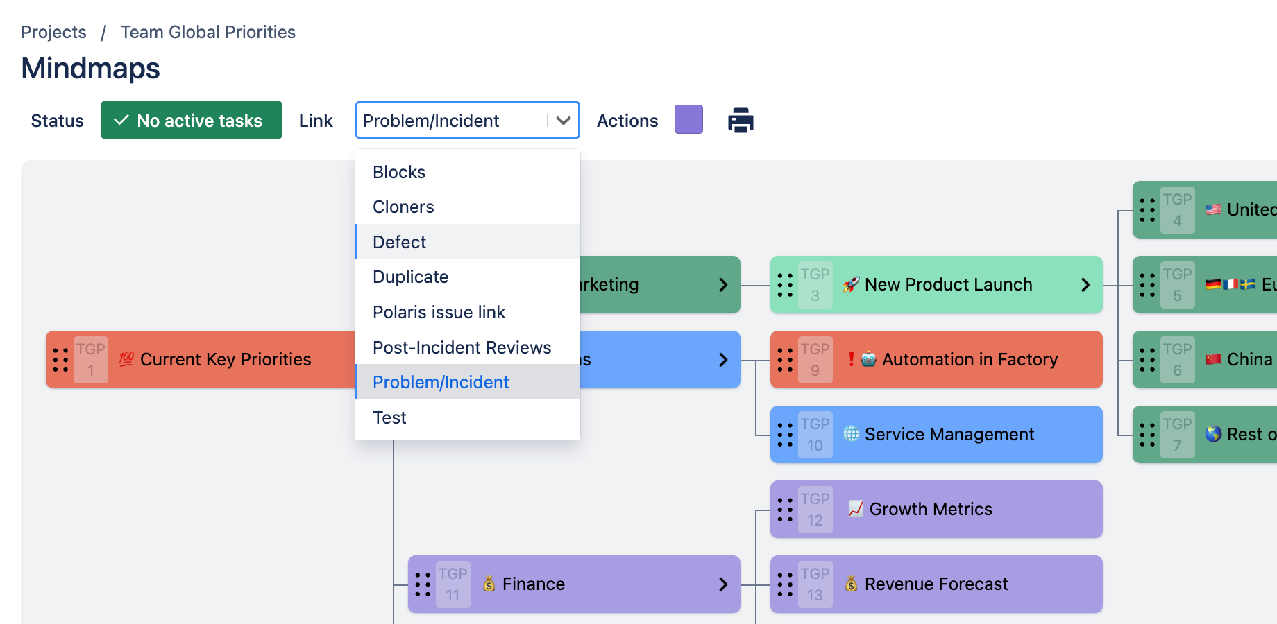 You can select which link type to explore, and Mindmaps for Jira will generate a full issue link dependency map. Use it to analyse relationships between issues of various link types or for traceability.