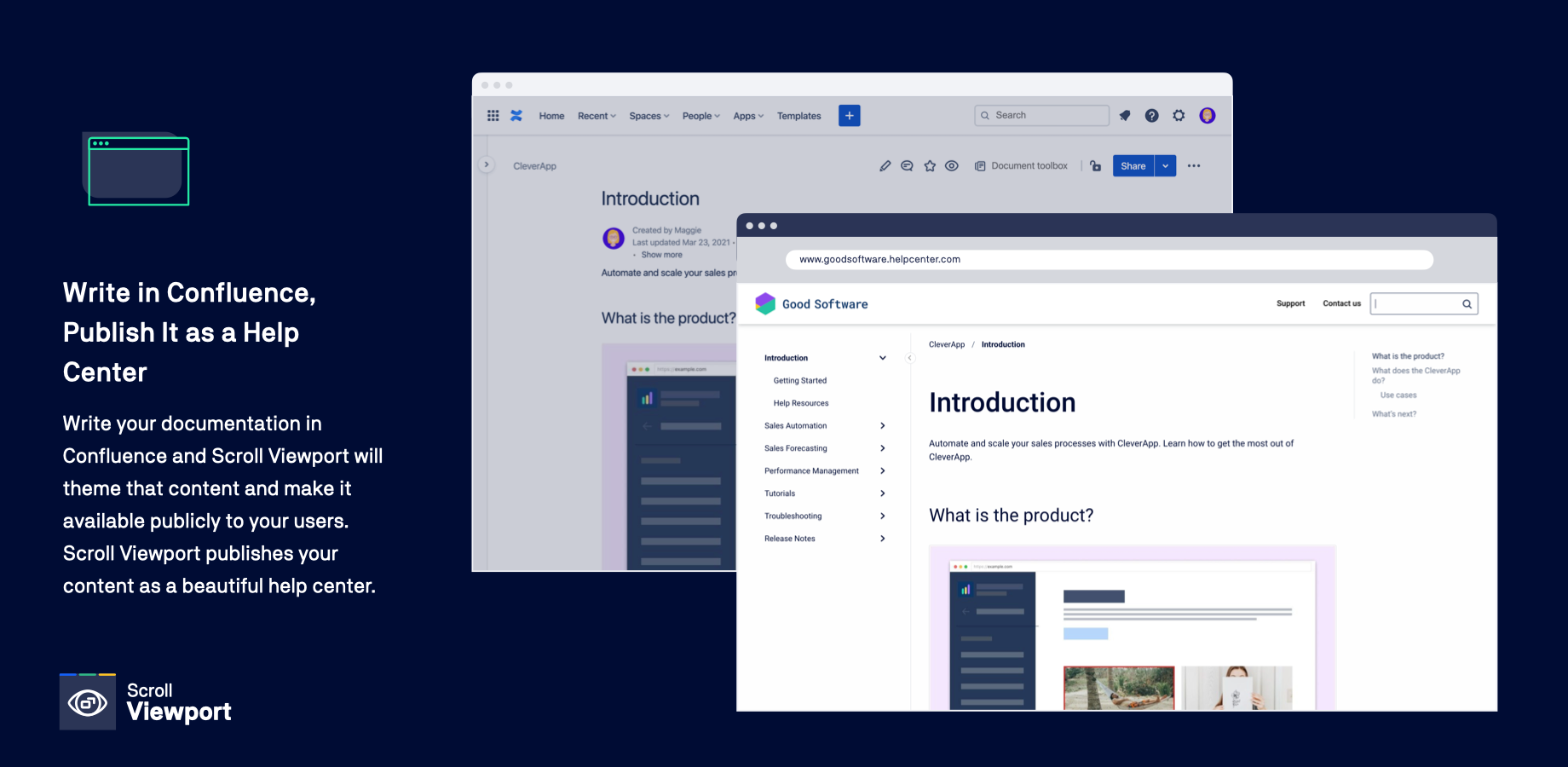 Your Confluence content is displayed online as a help site - no web server needed. Make the help center part of your unique online presence using custom URLs.