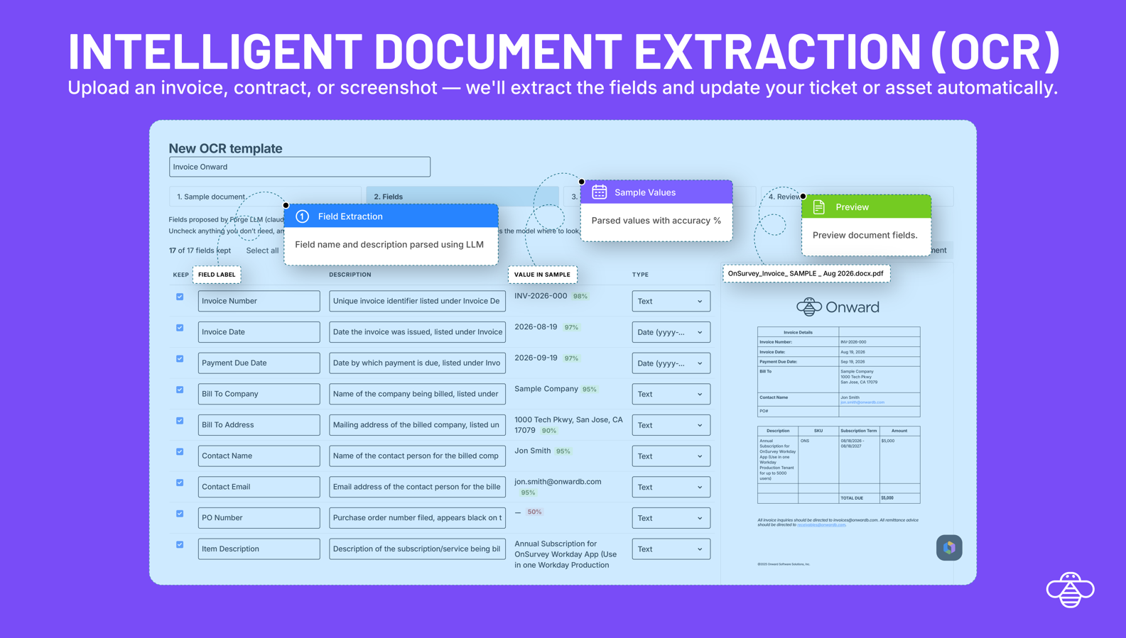 Receive a vendor invoice as a PDF — OnLink AI pulls the invoice number, date, and amount straight into the matching ticket, no manual data entry needed.