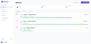 Full app with sidebar, stats cards, release timeline