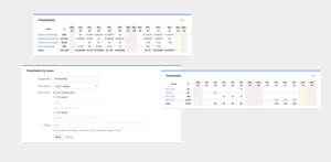 "Timesheets by Issue" and "Timesheets by User" gadgets show time based on JQL and for a defined set of users.