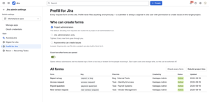 Site administration: who may build forms, a live health check against each project's current create screen, and an open counter you can switch off because each open costs one storage write.