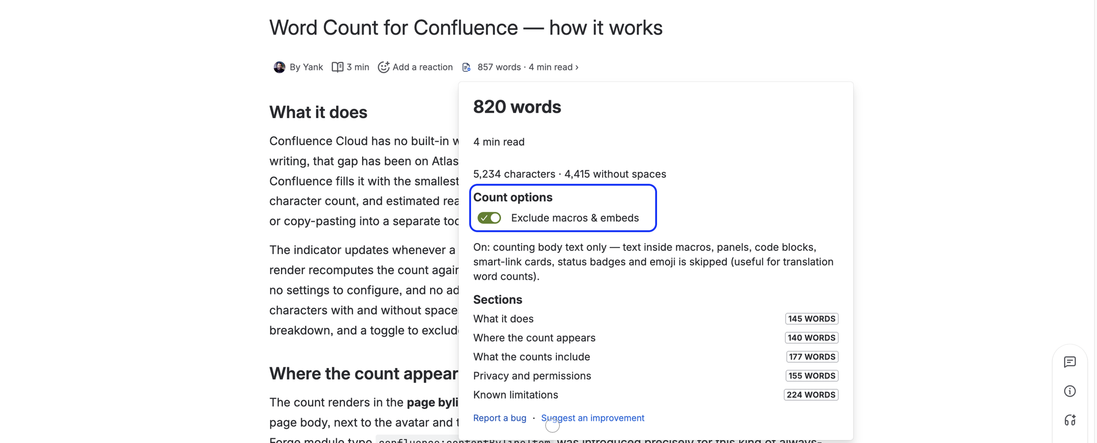 The Forge manifest declares two read-only scopes (`read:page:confluence`, `read:content-details:confluence`) and zero outbound egress. That is the whole surface