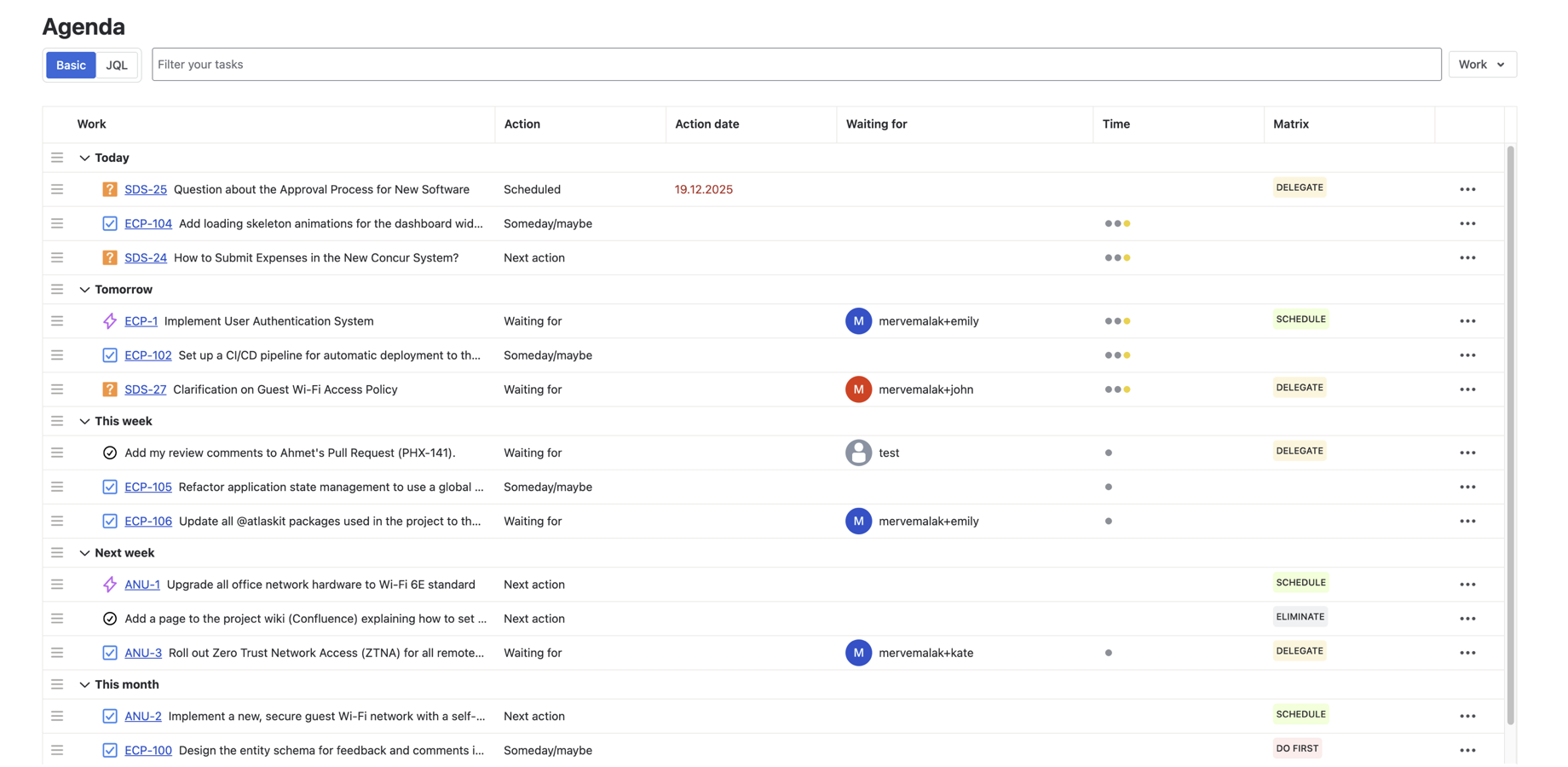 Work items organized by time contexts (today, tomorrow, etc.) in the Agenda view.