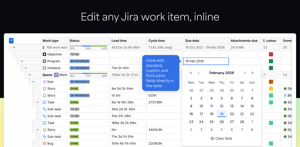 Inline edit your work items directly in the table columns. JXL supports all commonly used Jira standard fields and custom field types. If you need a particular field or field type that is not available yet, get in touch.