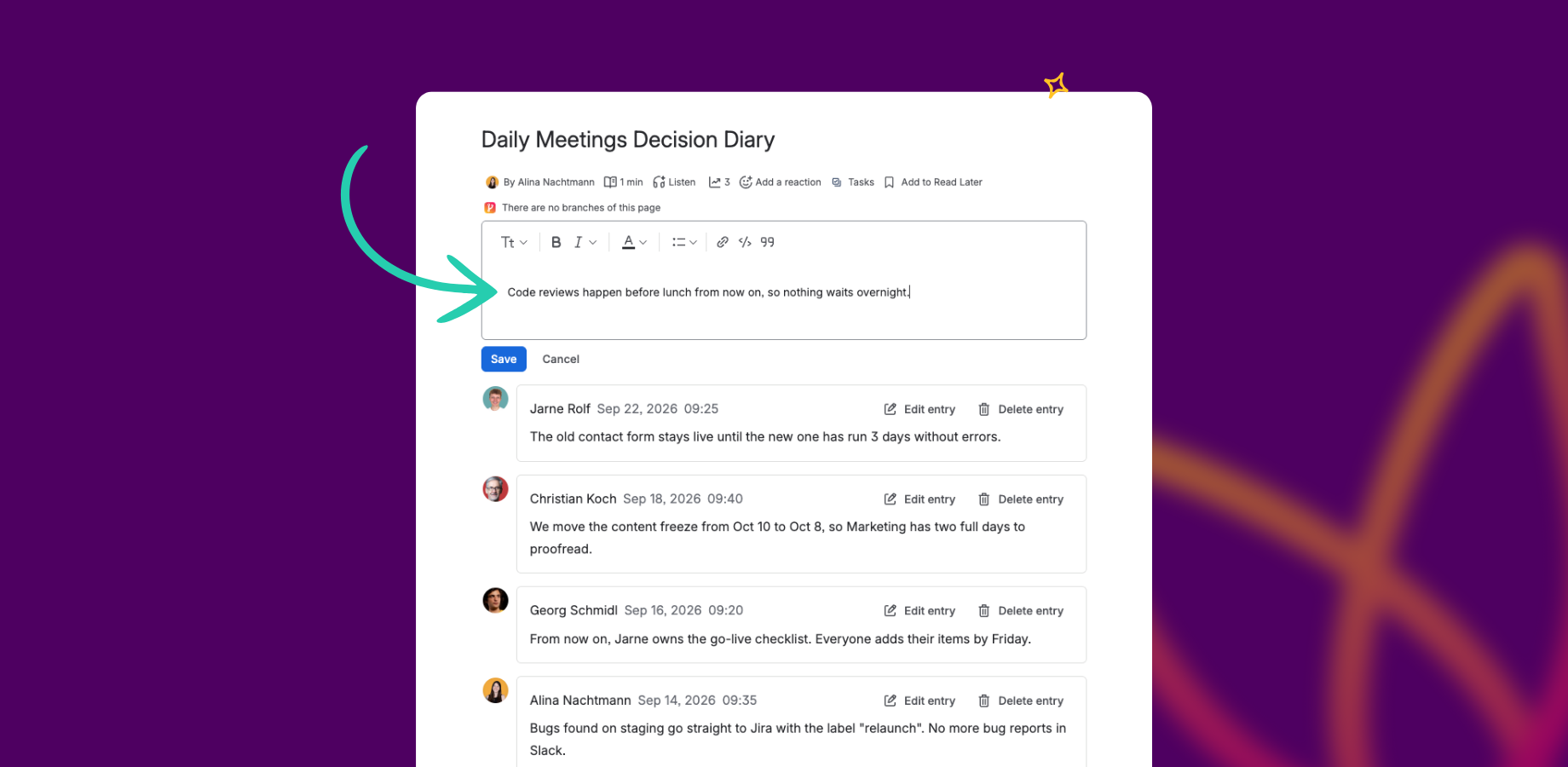 Diary on a Confluence Cloud page: write a new entry in view mode, save it, and it appears in the log right away