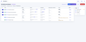 A live RICE grid: per-criterion scores from four people, an auto-computed rank, and clear flags on the issues still missing data before they can be scored.