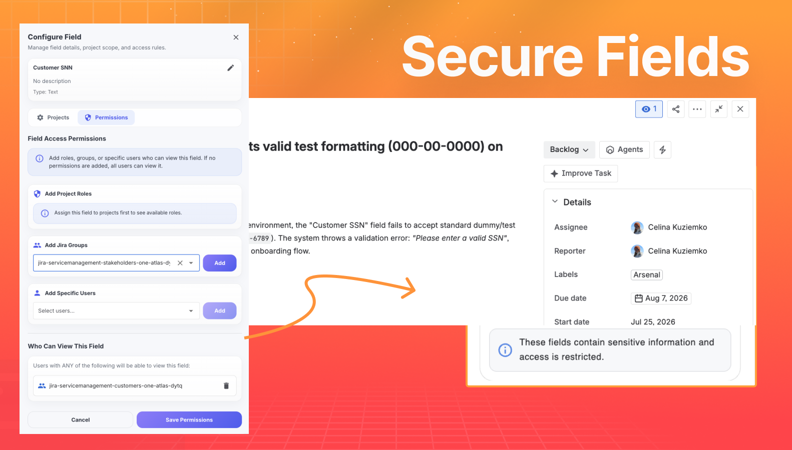 A secure custom field being configured with a field type and permission settings, restricting visibility to specific users, groups, or project roles.