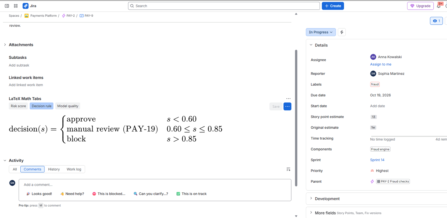 One tab per formula: the decision rule next to the risk score and model quality.