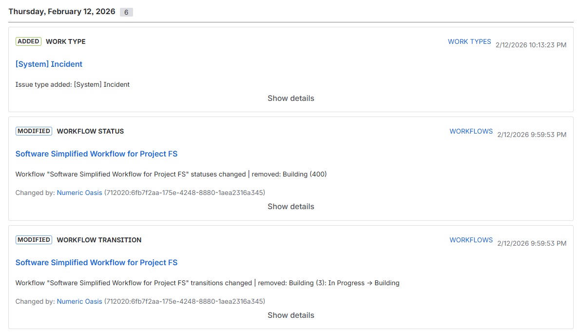 Project-level change log showing configuration changes with user attribution, date filters, and section grouping.