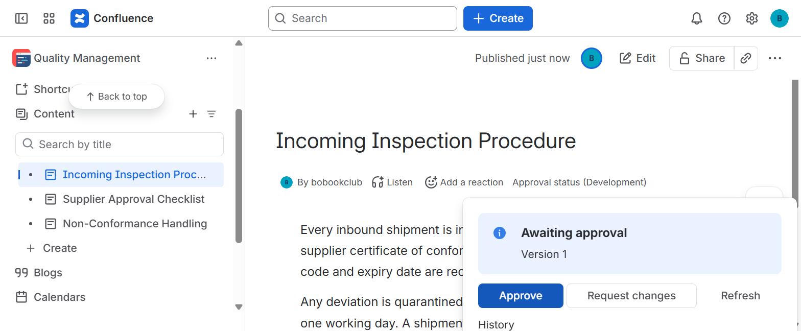 A page awaiting approval at version 1, with Approve and Request changes offered inline in the Confluence byline.