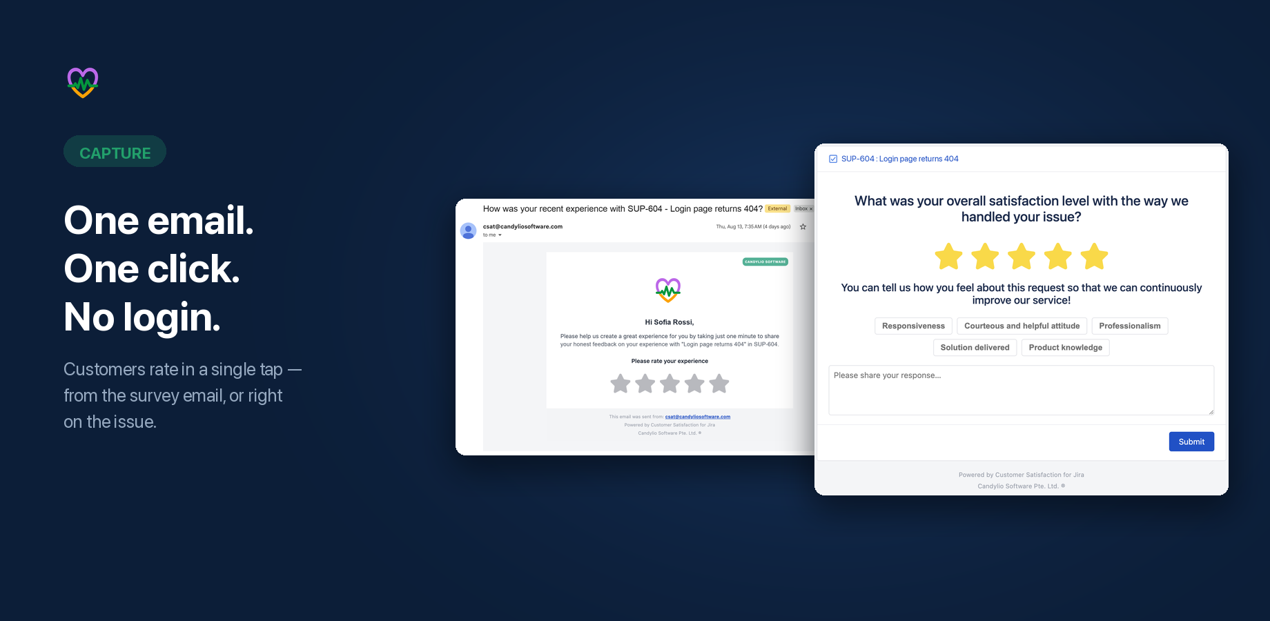 The survey email and the rating page for the same ticket. One tap on a star records the score; customers can add a category and a comment, or say nothing at all.