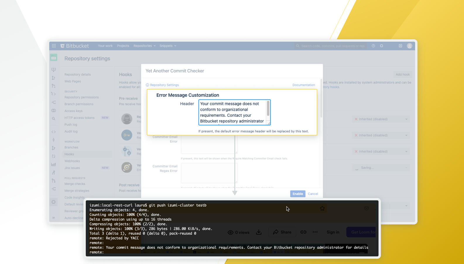 As a pre-receive hook, YACC can block pushes that violate policies.