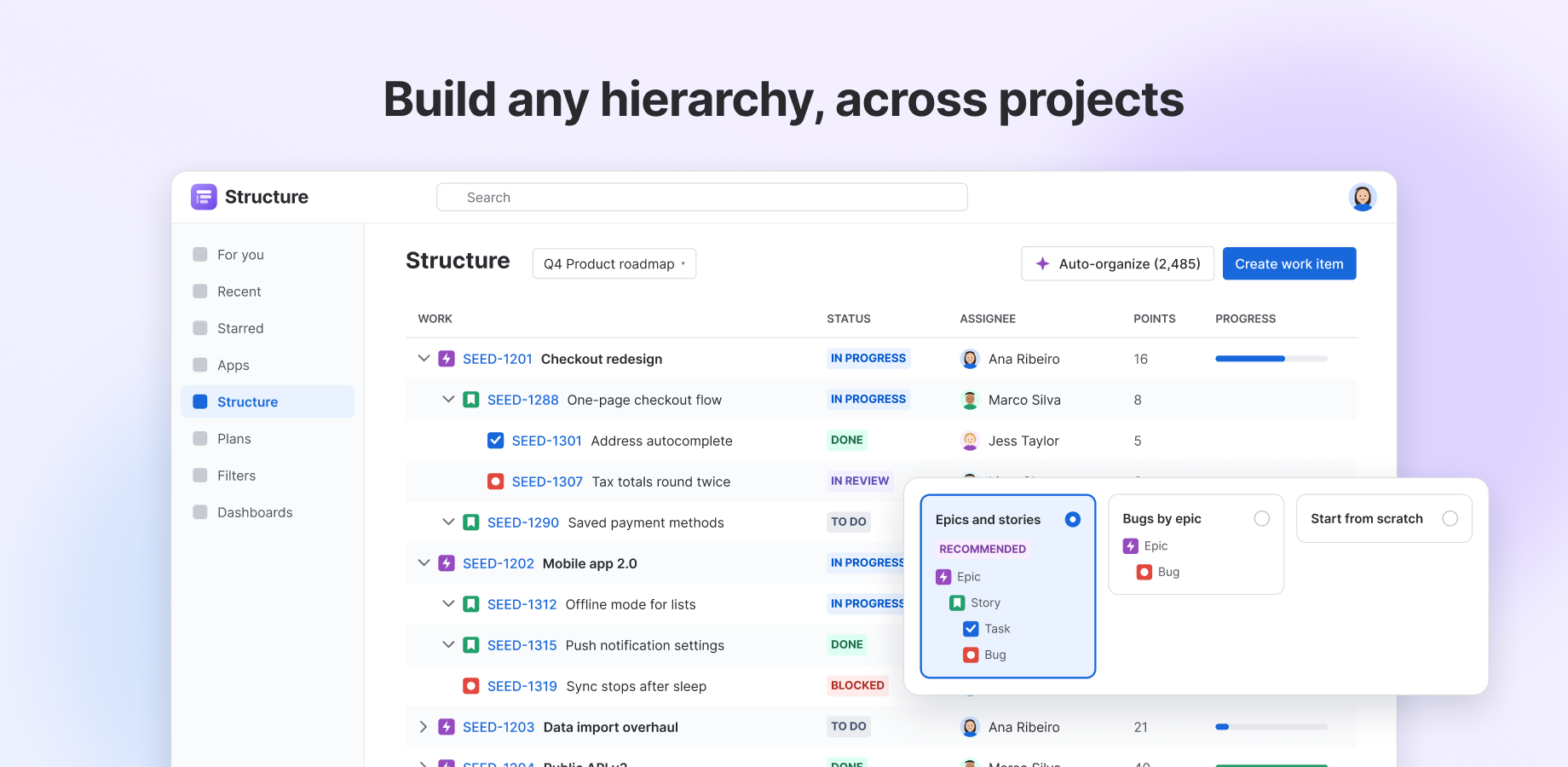 One structure for every project: epics, stories, tasks and bugs in a single tree, with status, assignee and progress in view.