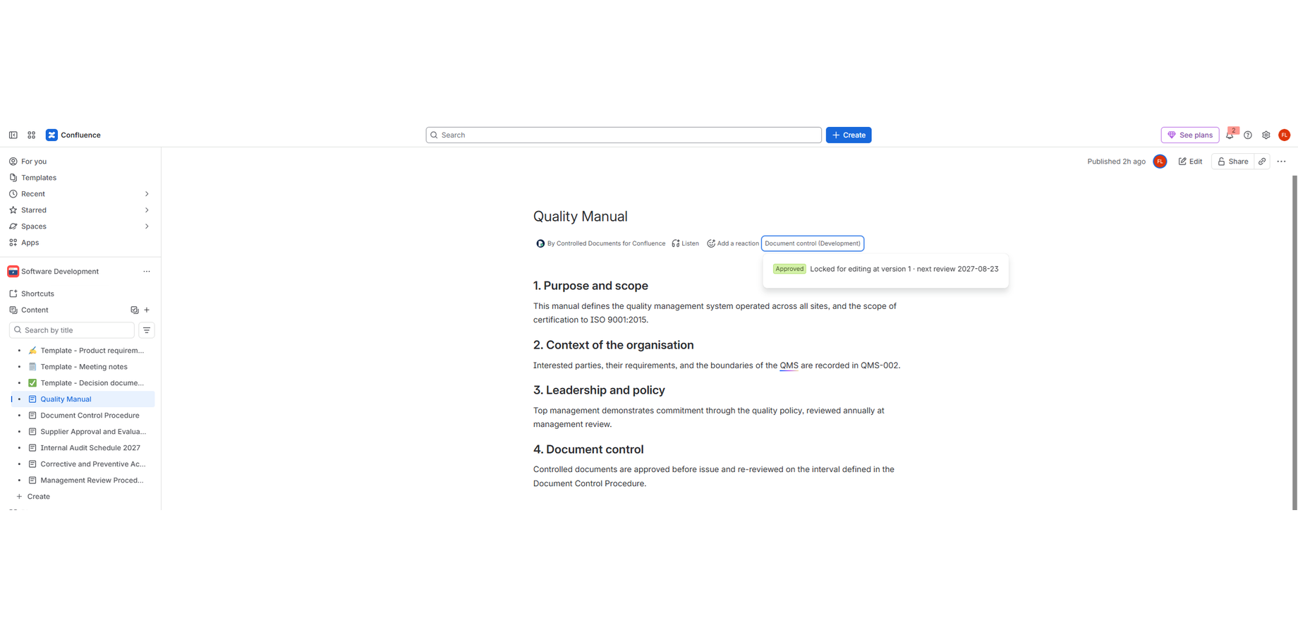 The byline shows the status, the version in force, and the next review date