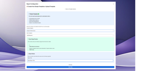 Simple template gallery displaying pre-built professional templates with categories like "Marketing Campaign" and "Project Status", featuring metrics placeholders and report title input field for quick customization.
