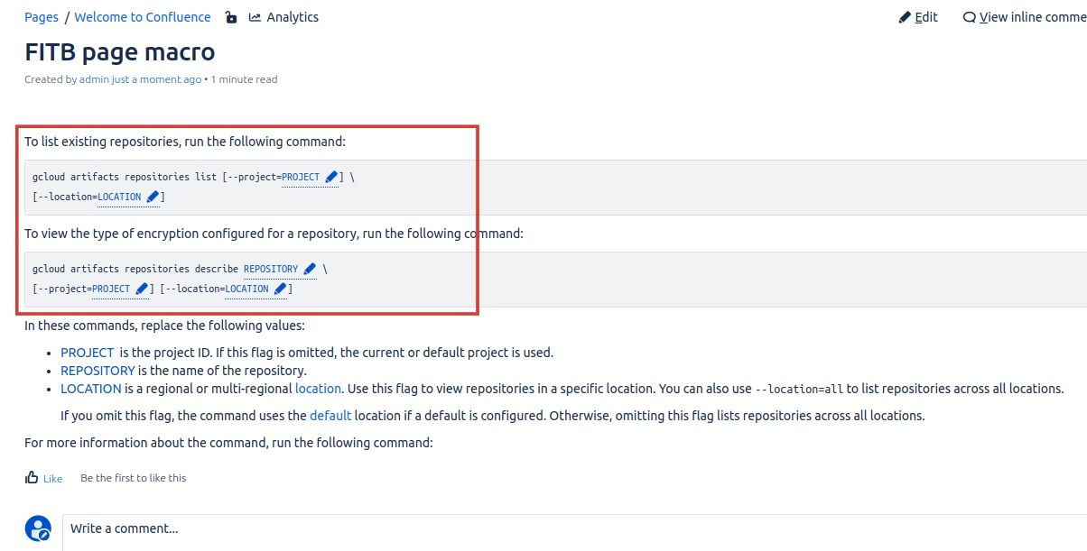 View mode of confluence page showing code macro with edit option enabled using FITB macro.