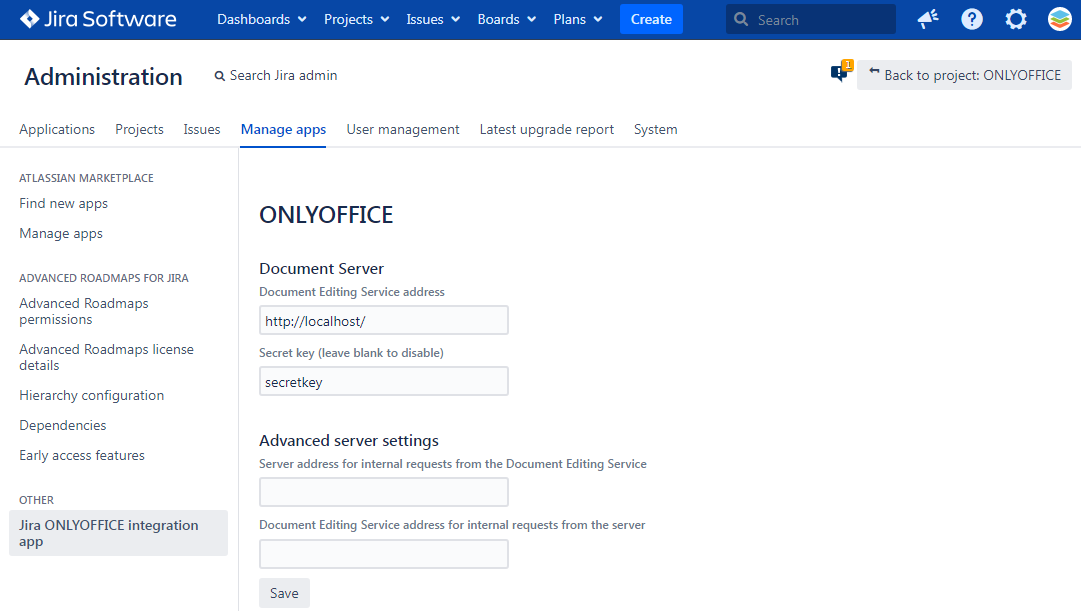 In this screenshot, you can see the configuration page of ONLYOFFICE Document Server within Jira Software.