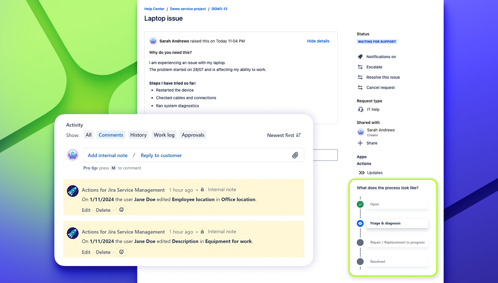 Display a request progress timeline to users.  The app adds internal comments to inform agents of the edits made to requests.