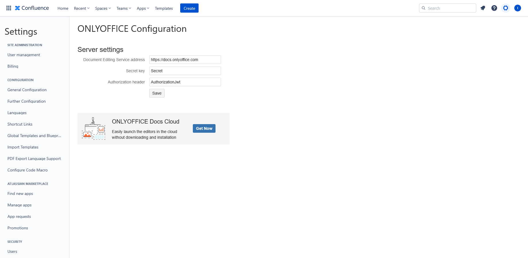 In this screenshot, you can see the configuration page of ONLYOFFICE Docs within Confluence Cloud.