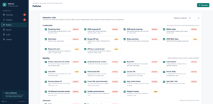 Policies: rule toggles by category, custom patterns, allowlist, scope and the policy tester
