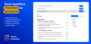 Save repetitive checklists as checklist templates for Jira: 
Release process 
Onboarding process 
Definition of Done
Definition of Ready 
Code review 
