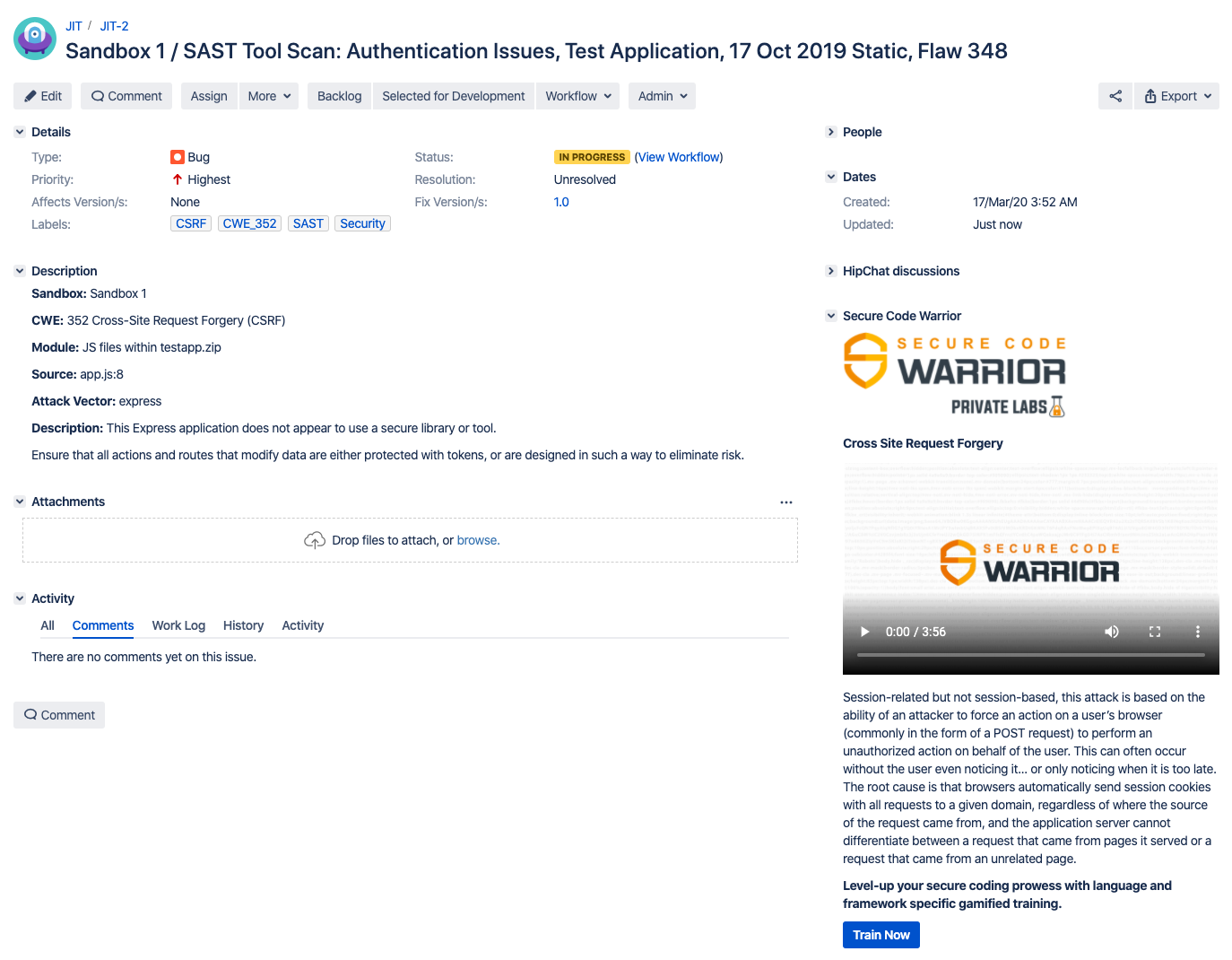 In this screenshot, you can see a ticket created by a popular SAST tool containing a CWE label, which is detected by the app to instantly provide relevant training