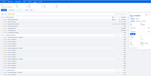 OKR tracking with hierarchy tree, progress bars, status indicators and detail panel.