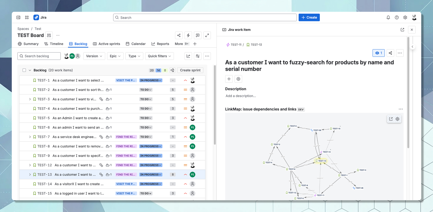 Activate LinkMap to auto-display linked items up to 5 levels deep right in the issue view. Need more space? Enlarge the map in a new tab.