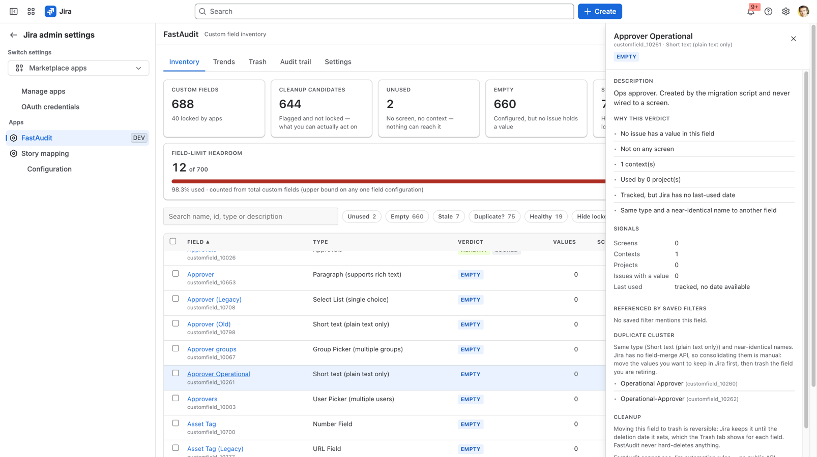 Why this field is flagged: no issue holds a value, it is on no screen, no saved filter mentions it — and two other fields share its type and a near-identical name.