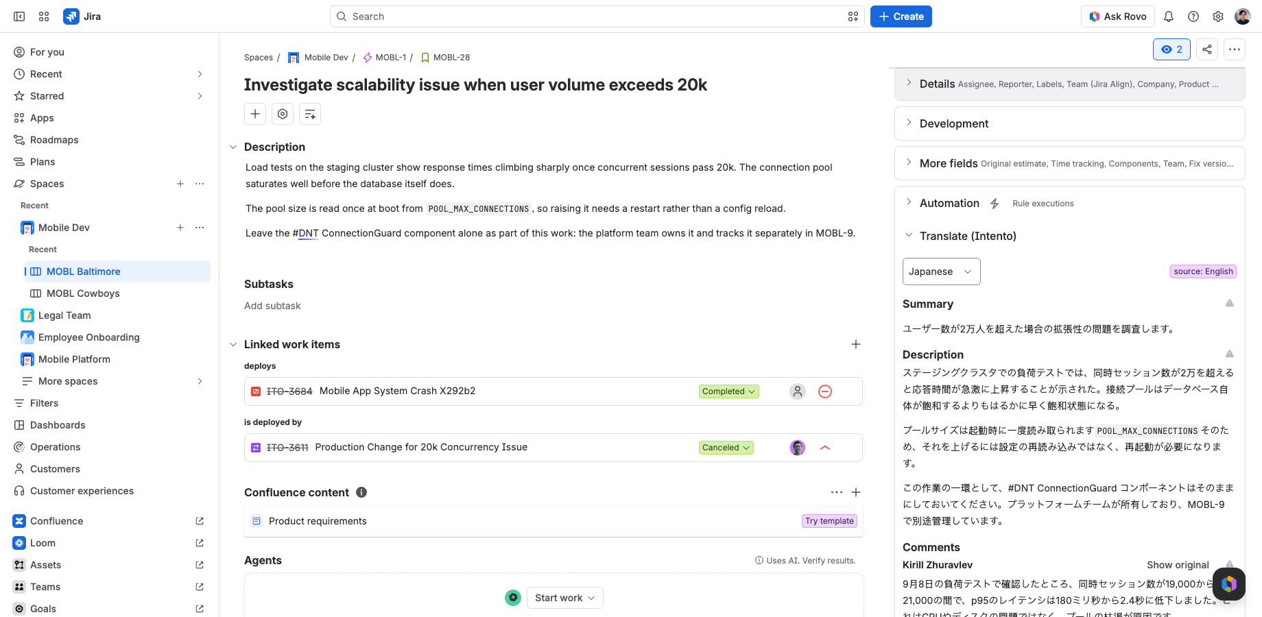 The Translate (Intento) panel with an issue read in Japanese: summary, description and the whole comment thread, while the issue's own fields stay exactly as they were written.
