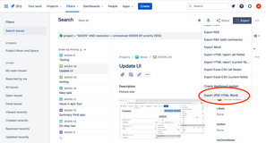 Export Mutiple Jira Issues from Advanced Search. Exporting all issues in Sprints and boards are also supported