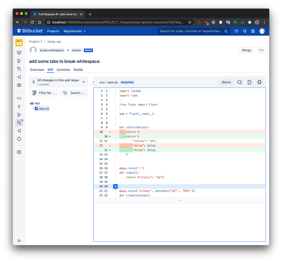 Show whitespace characters in pull request diff
