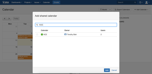 Share your calendars with the others using groups and project roles. After that people are able to add and view shared calendars.